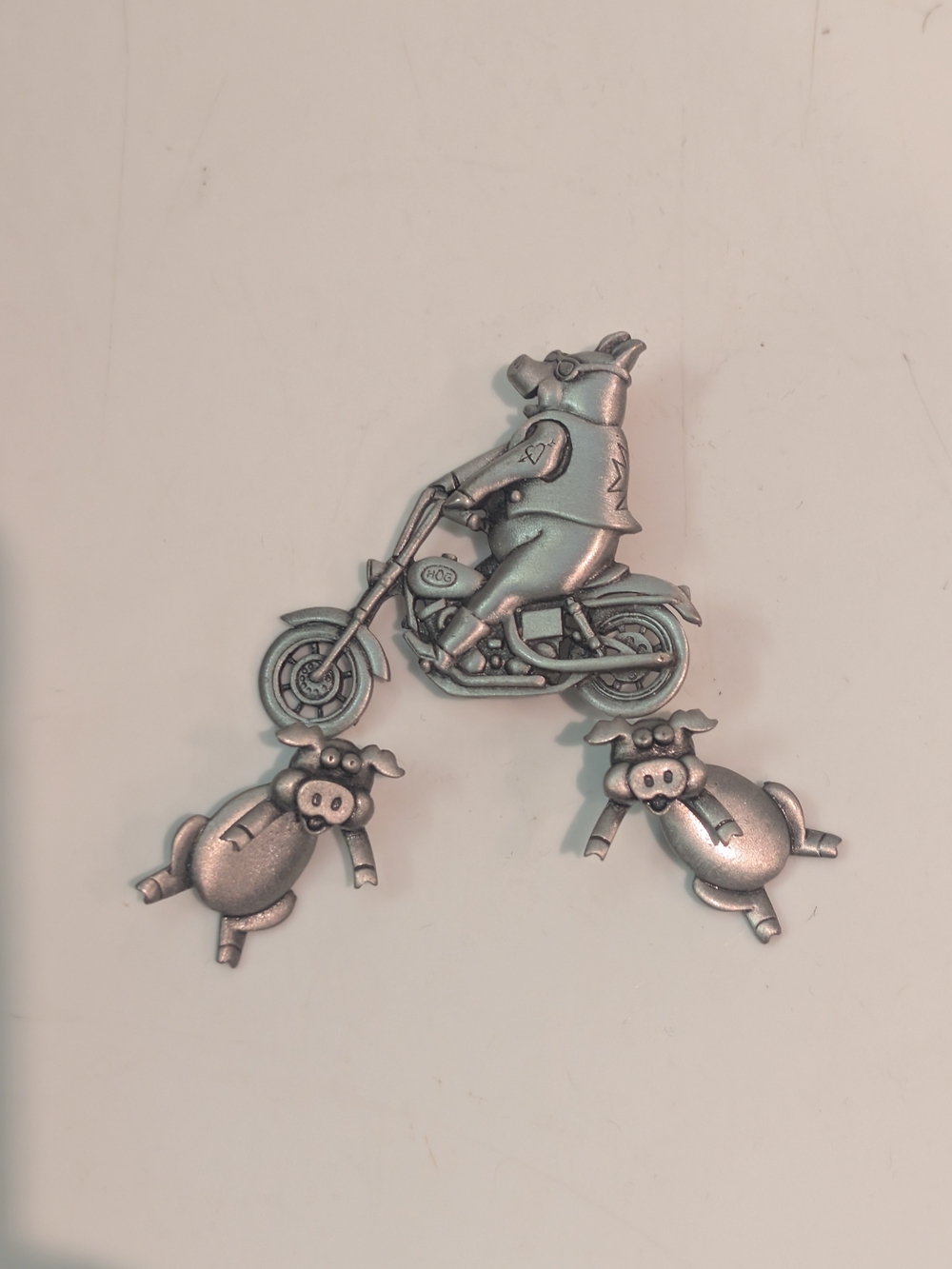 Vintage Signed JJ Pewter Tone PIG RIDING MOTORCYCLE Pin Brooch + Earrings